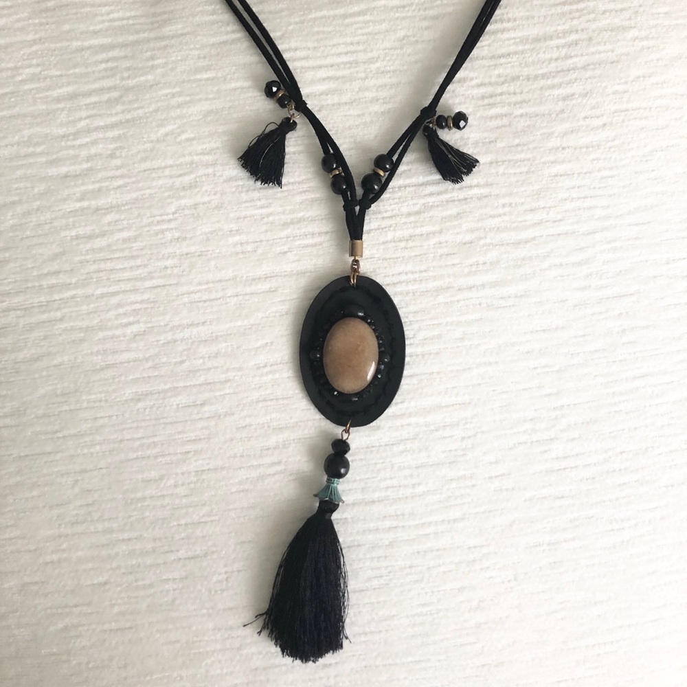 22’ Black Tassel Necklace with Beige Stone